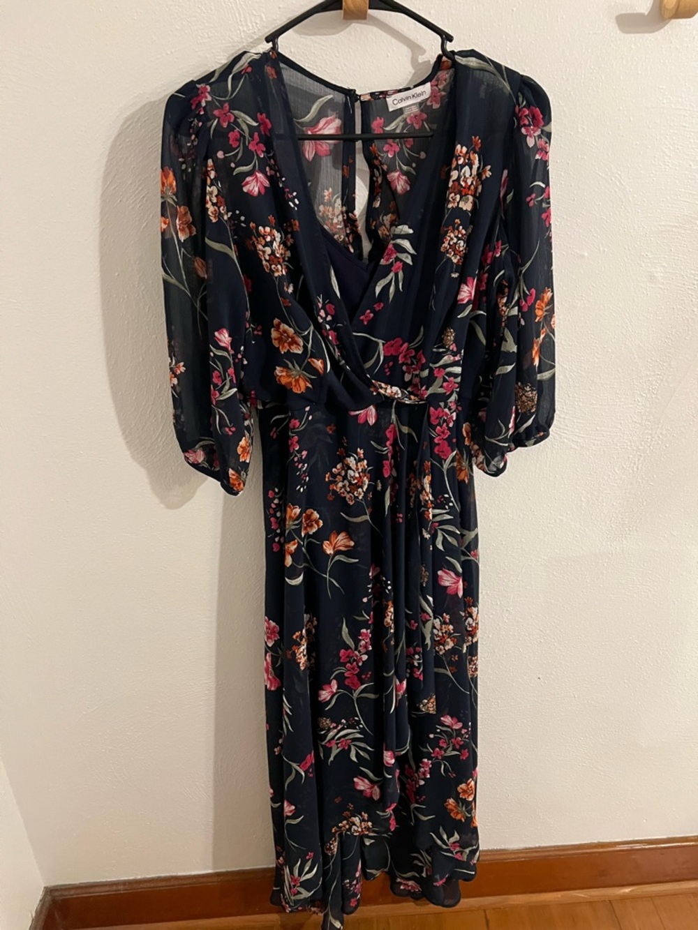 Calvin Klein Navy Floral Wrap Midi Dress with 3/4 Sleeves
